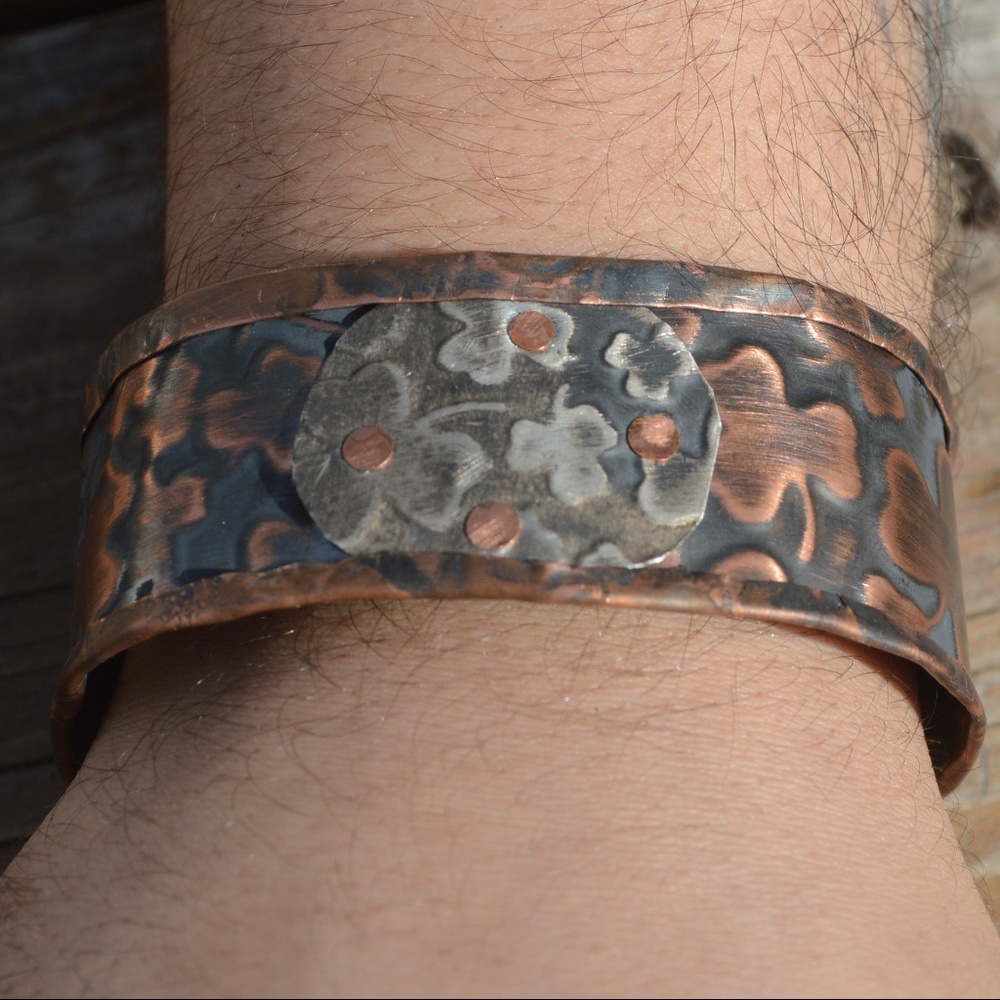 Mens Cuff Bracelet Copper Sterling Silver Clover - Picture 1 of 6